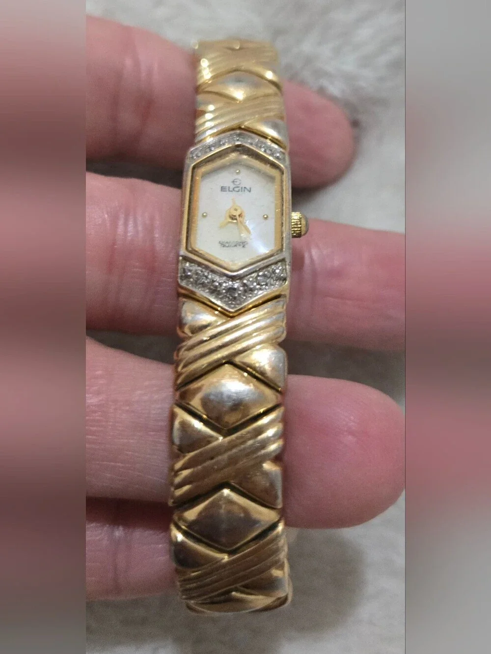 Vintage Women's Gold-Tone Watch with Diamond Accents Elgin